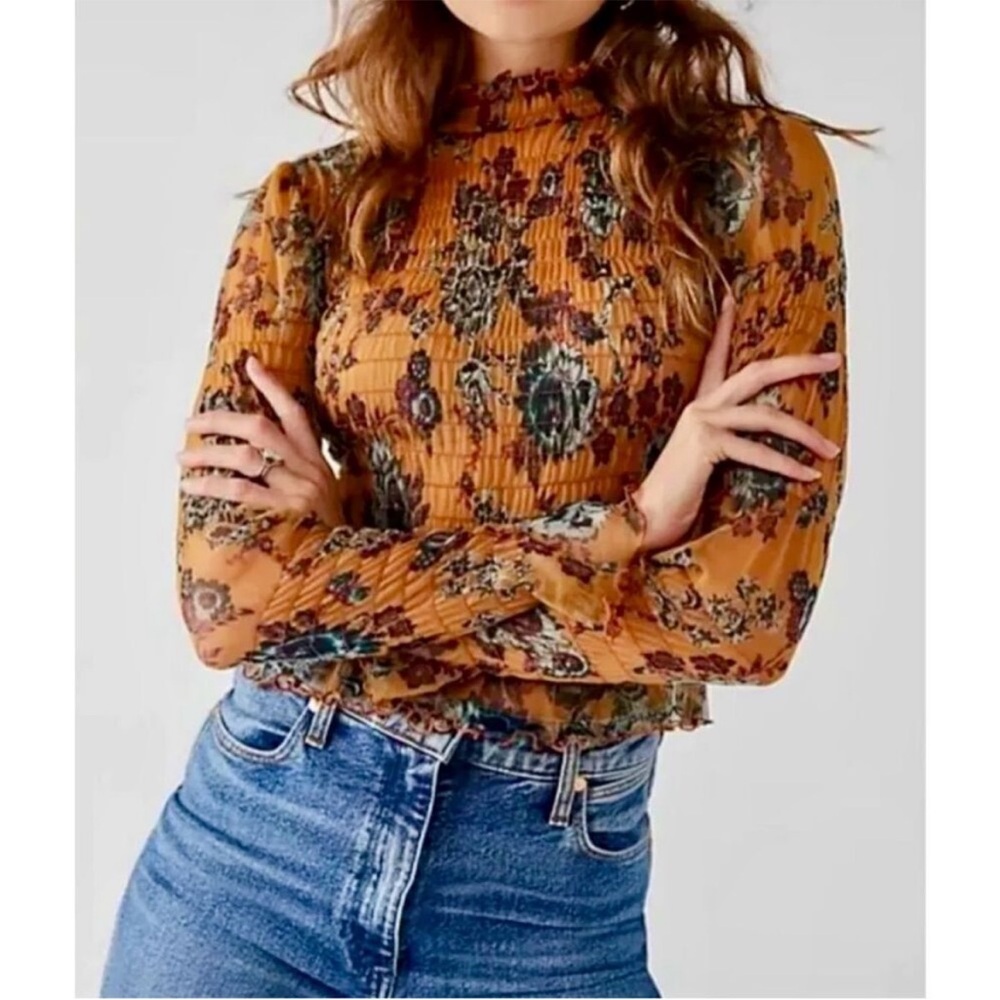 Free People Hello There Floral Mesh Top Gold Brown Size XS Worn Once Like New